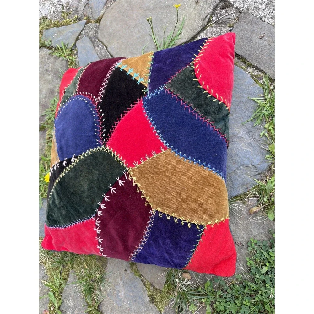 Vintage crazy quilt throw pillow made from  Scrap, green velvet back 16 x 17